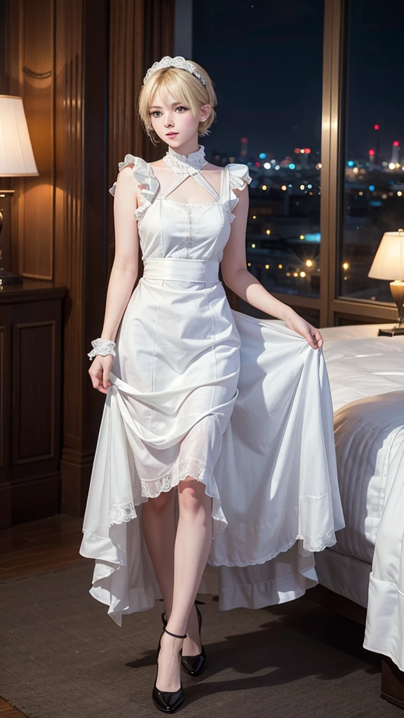 1People Girls,8K, RAW Photos, Highest quality, masterpiece,Realistic, photo-Realistic,Night view,High floors,Hotel,indoor,whole body,close,Blonde,short hair,Blue Eyes,Maid clothes,sexy