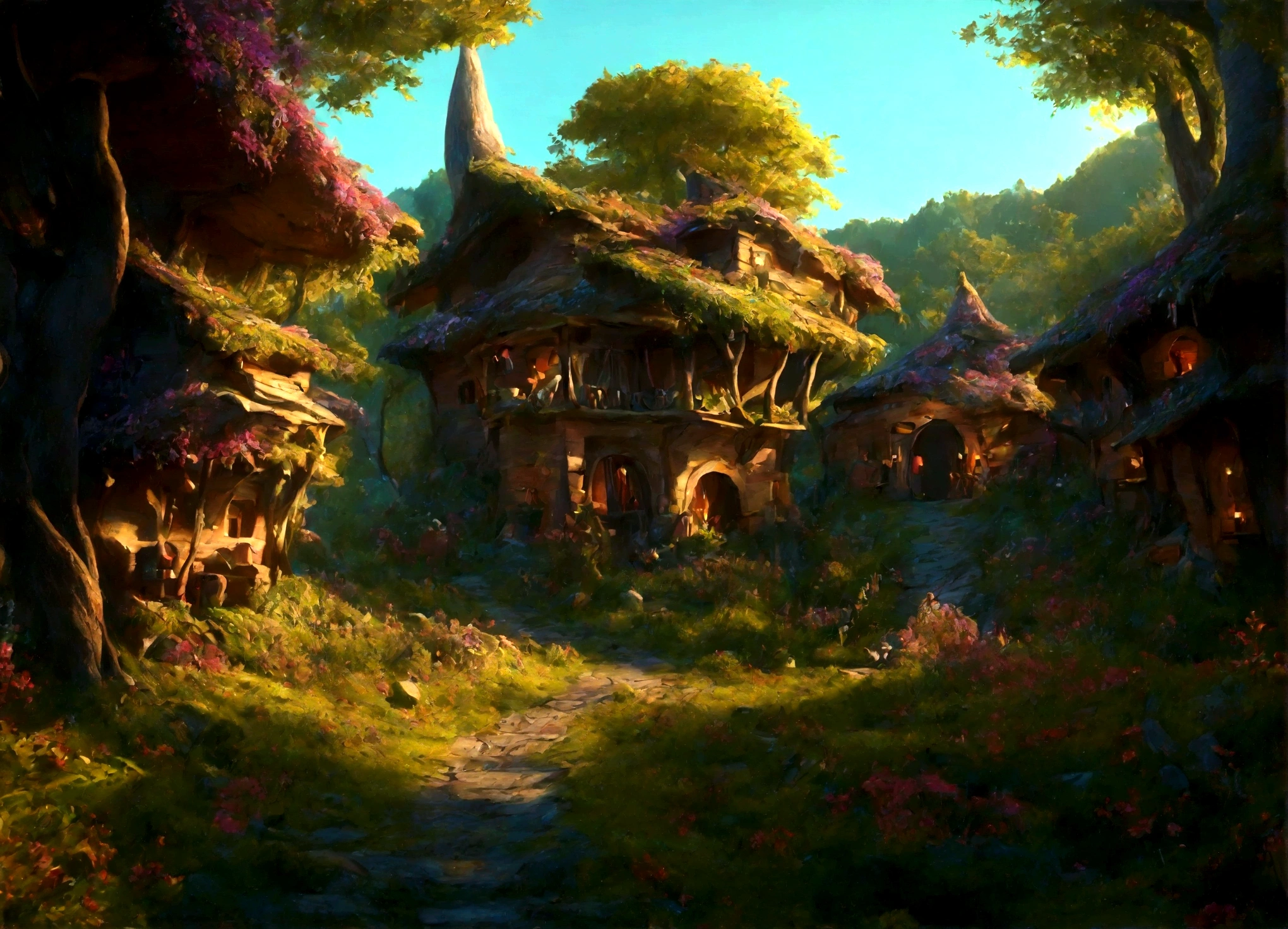A breathtaking, high-contrast cinematic 8K 3D Disney-style rendering, of a fairy-tale village nestled in a lush forest with dens , . The dens are build in the middle of ancient trees giving then fresh air and shadow. Around the dens, ancient trees and gardens full of multicolored flowers