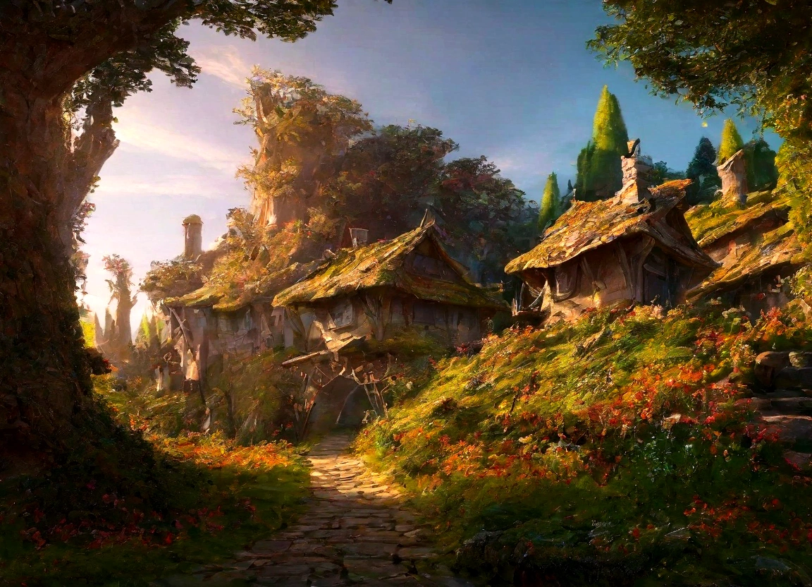 A breathtaking, high-contrast cinematic 8K 3D Disney-style rendering, of a fairy-tale village nestled in a lush forest with dens , . The dens are build in the middle of ancient trees giving then fresh air and shadow. Around the dens, ancient trees and gardens full of multicolored flowers