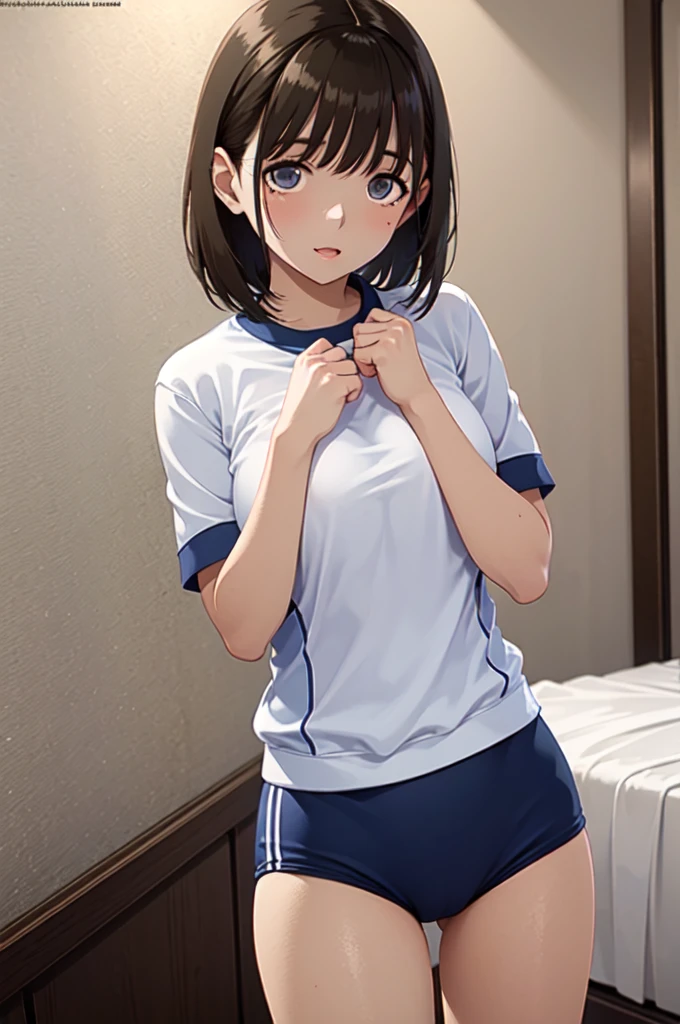 (masterpiece, best quality, very aesthetic, ultra detailed), intricate details, 4k,aanene, short hair,(buruma:1.2),gym uniform,white shirt,cowboy shot, bed room,ahegao,(nsfw:1.2),