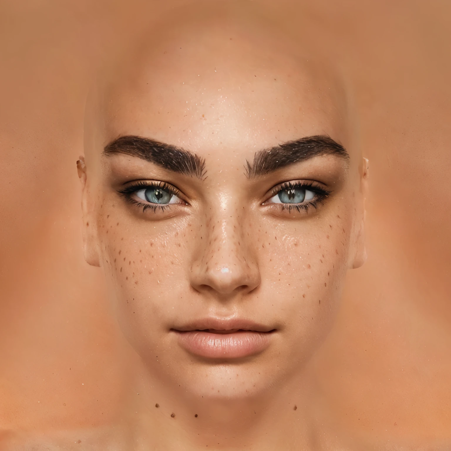 a close up of a woman with a bald head and freckled eyes, real detailed face, detailed realistic face, realistic detailed face, detailed and realistic face, realistic and defined face, extremely realistic face, ultra realistic face, highly detailed realistic face, realistic and detailed face, hyperdetailed perfect face, single realistic face, detailed face and body, accurate detailed face