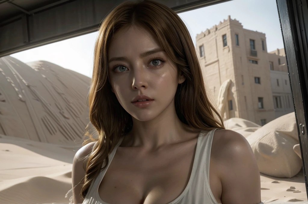 super fine illustration, ultra high resolution, masterpiece, highest quality, perfect lighting, detailed lighting, dramatic shadow, ray tracing, 1 beautiful white girl, solo, looking at viewer, medium breasts, exposed cleavage, beautiful detailed hazel eyes, sharp face, clear eyes, long bang, ((medium curly blond hair:1.2)), ((post-apocalyptic fiction)), ((desert:1.2)), battle suit, military harness, Resident Evil Series, full body,