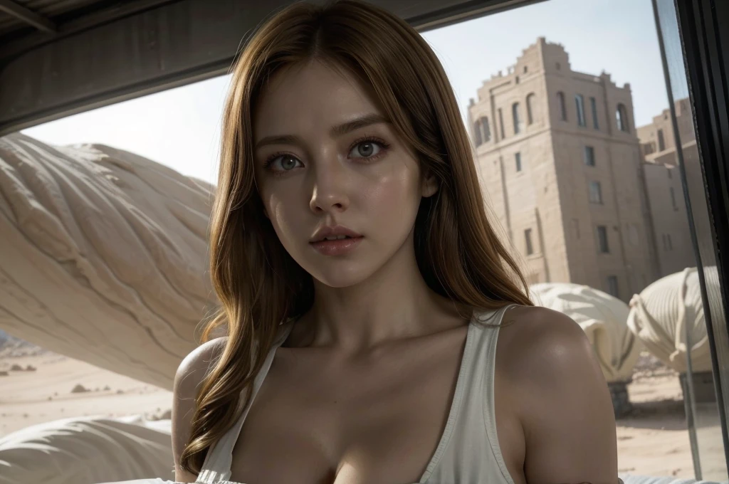 super fine illustration, ultra high resolution, masterpiece, highest quality, perfect lighting, detailed lighting, dramatic shadow, ray tracing, 1 beautiful white girl, solo, looking at viewer, medium breasts, exposed cleavage, beautiful detailed hazel eyes, sharp face, clear eyes, long bang, ((medium curly blond hair:1.2)), ((post-apocalyptic fiction)), ((desert:1.2)), battle suit, military harness, Resident Evil Series, full body,