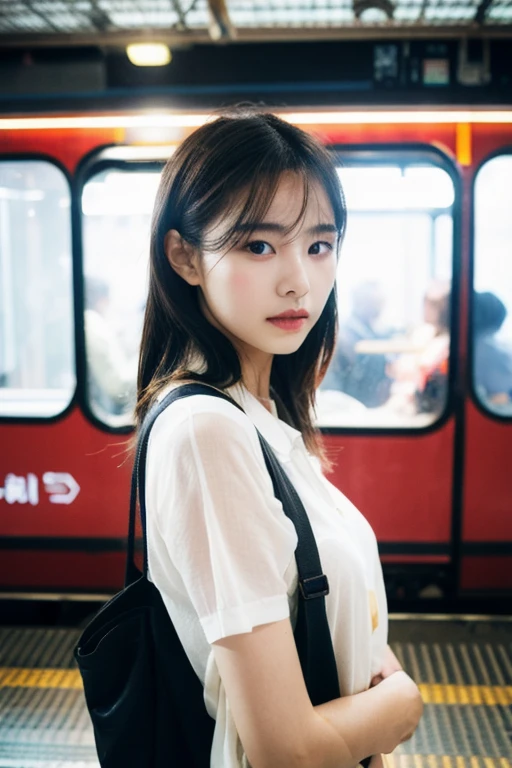 Cinematic photo of beautiful Korean fashion model in bokeh train