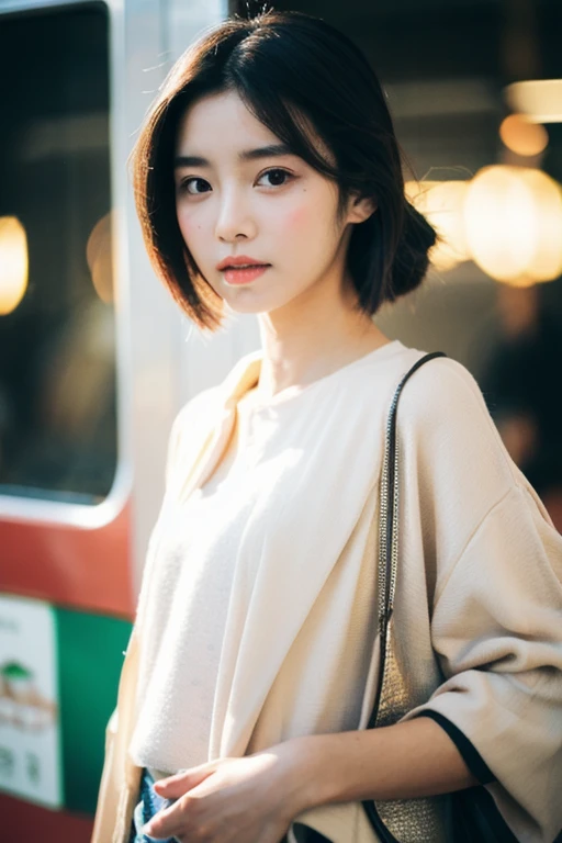 Cinematic photo of beautiful Korean fashion model in bokeh train