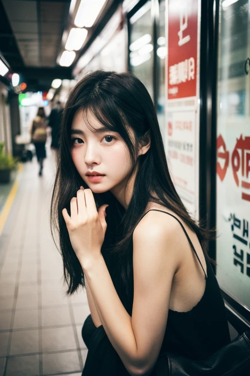 Cinematic photo of beautiful Korean fashion model in bokeh train