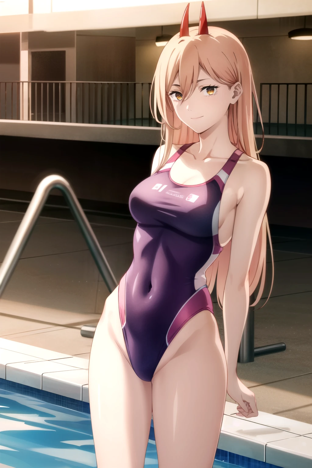 (best quality), (high quality), (masterpiece), (high resolution), woman, mature, Adult, girl, alone, Horn, red Horn, Long Hair,, , Cruciform pupil, Yellow Eyes, Pink Hair, demon Horn, medium breastst, competition swimsuit, standing, arms behind back, looking at viewer, light smile, poolside