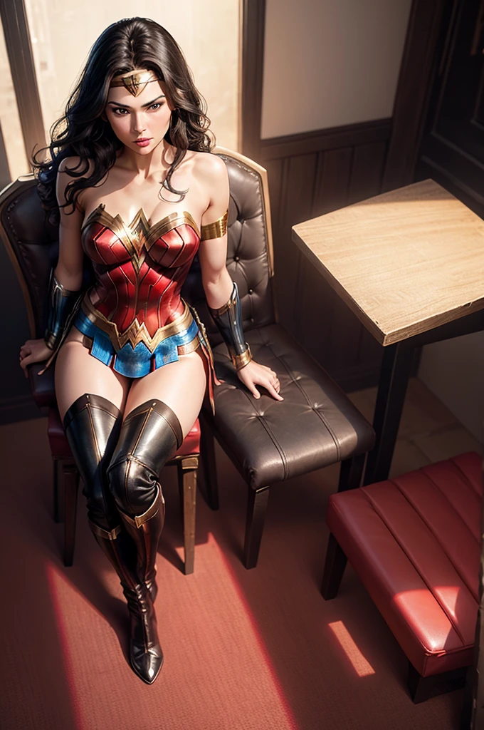 Gal Gadot wearing
Wonder Woman's costume, her eyes are white, sitting on a red chair, standing next to her is Catherine Zeta-Jones wearing a leather bustier, black cape, black micro bikini, pelvic curtain, long boots. Hyper-realistic