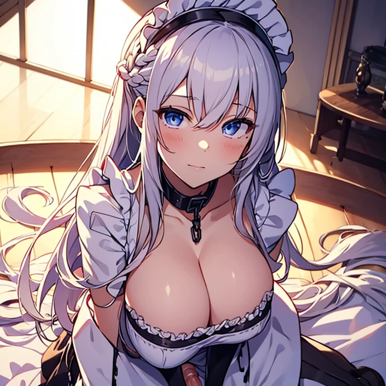 , nsfw,hentai,perfect anatomy,perfect human structure,(masterpiece:1.4),(best quality:1.4),(high resolution:1.4), ultra detailed,Beautiful and detailed eyes,8K,detailed beautiful face and eyes,super beauriful and detailed hair,super detailed skin,(beautiful and cute:1.4),,Noise Reduction,
(upper body),breast focus,belfast, 1girl,long hair, french braid, maid headdress, collar, chain, collarbone, cleavage, frills, maid, sleeveless, gauntlets, elbow gloves, white gloves, waist apron, white apron,
blush,embarrassed,
(((fellatio))),from above, kneeling,BREAK,
(1boy have gigantic penis),five fingers, perfect hands, perfect lighting,
