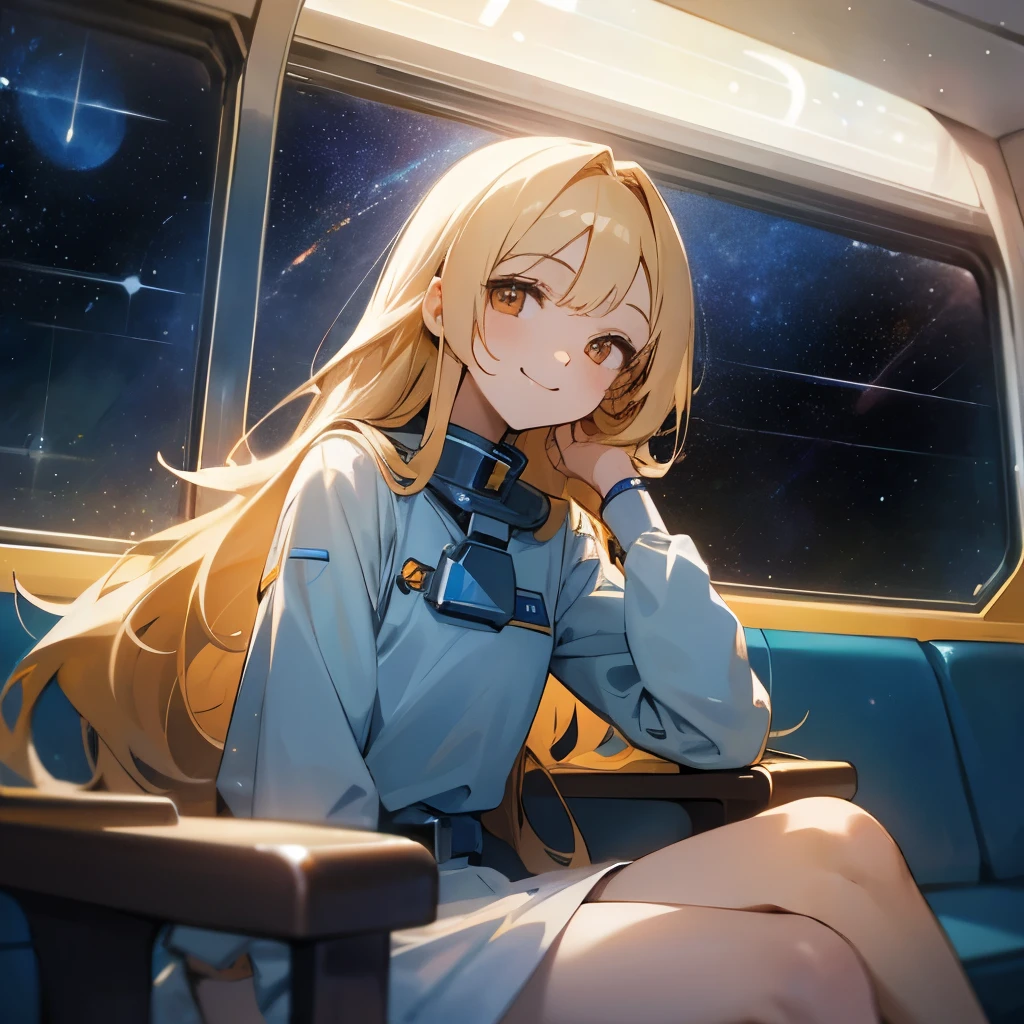 long blonde hair, brown eye, white skin, sky blue shirt, scientist, sitting in front of the window, smiling, inside the space train, starry space, extremely beautiful, masterpiece