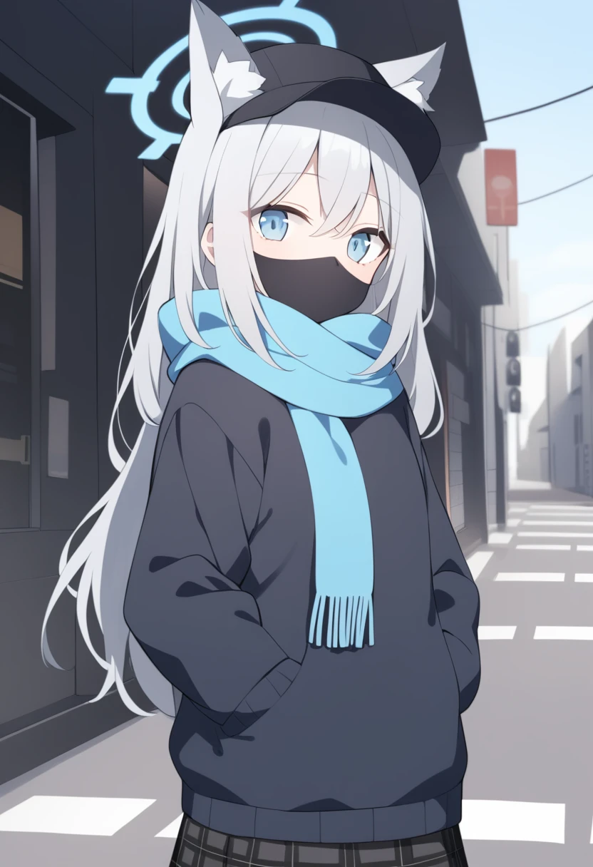 girl，Silver long hair, blue eyes, Wearing a black sweatshirt,Wearing a black mask，A sky blue scarf, Black gloves, And black plaid skirt, On empty streets，A laid-back expression, blue halo，Black Hat，Gray wolf ears，Put your hands in your pockets