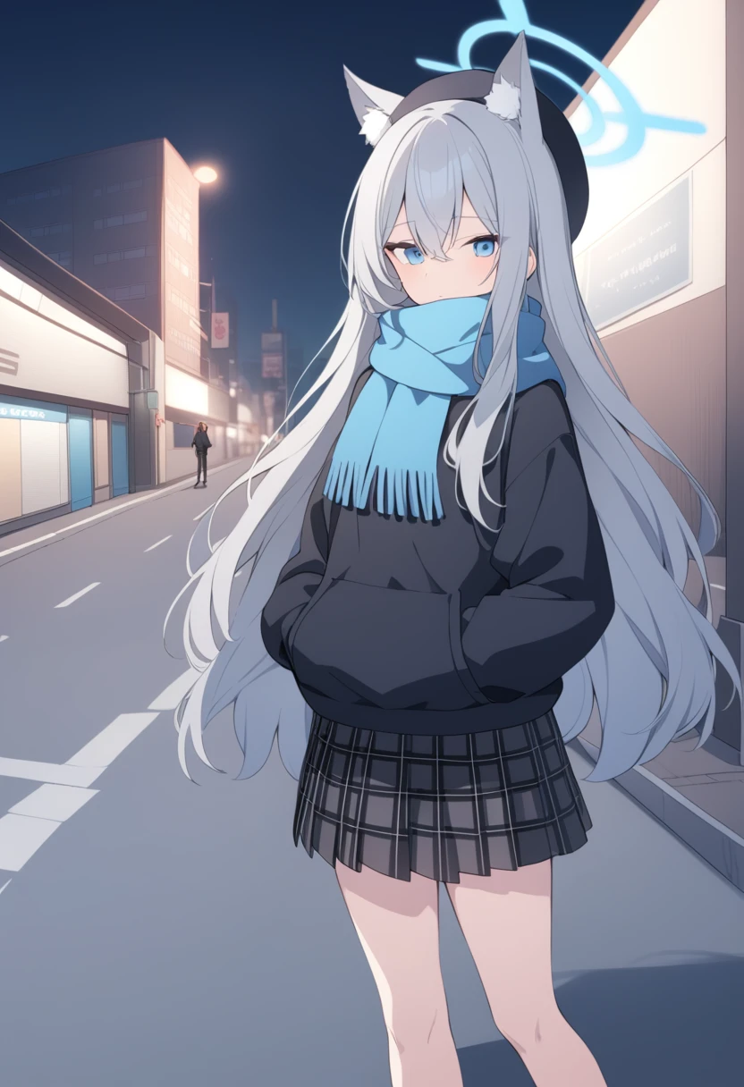 girl,Silver long hair, blue eyes, Wearing a black sweatshirt,Wearing a black mask,A sky blue scarf, Black gloves, And black plaid skirt, On empty streets,A laid-back expression, blue halo,Black Hat,Gray wolf ears,Put your hands in your pockets