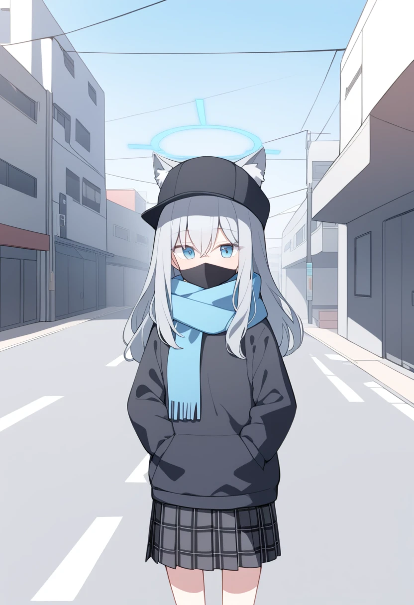 girl，Silver long hair, blue eyes, Wearing a black sweatshirt,Wearing a black mask，A sky blue scarf, Black gloves, And black plaid skirt, On empty streets，A laid-back expression, blue halo，Black Hat，Gray wolf ears，Put your hands in your pockets
