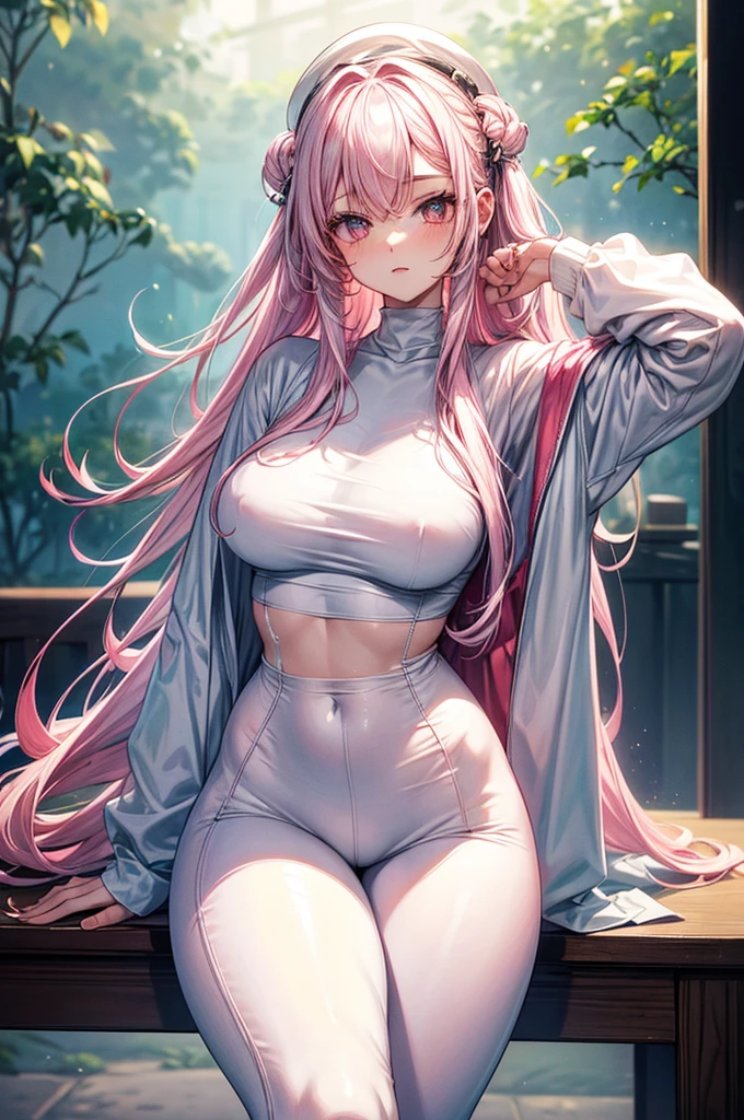 masterpiece, highly detailed, (1girl), white-pink hair, pastel colors, cozy atmosphere, natural lighting, waist high leggings, oversized T-shirt, 16 year old ager, soft facial features, short height(150cm), hip-level shot, long slender legs, big , slender yet curvy body