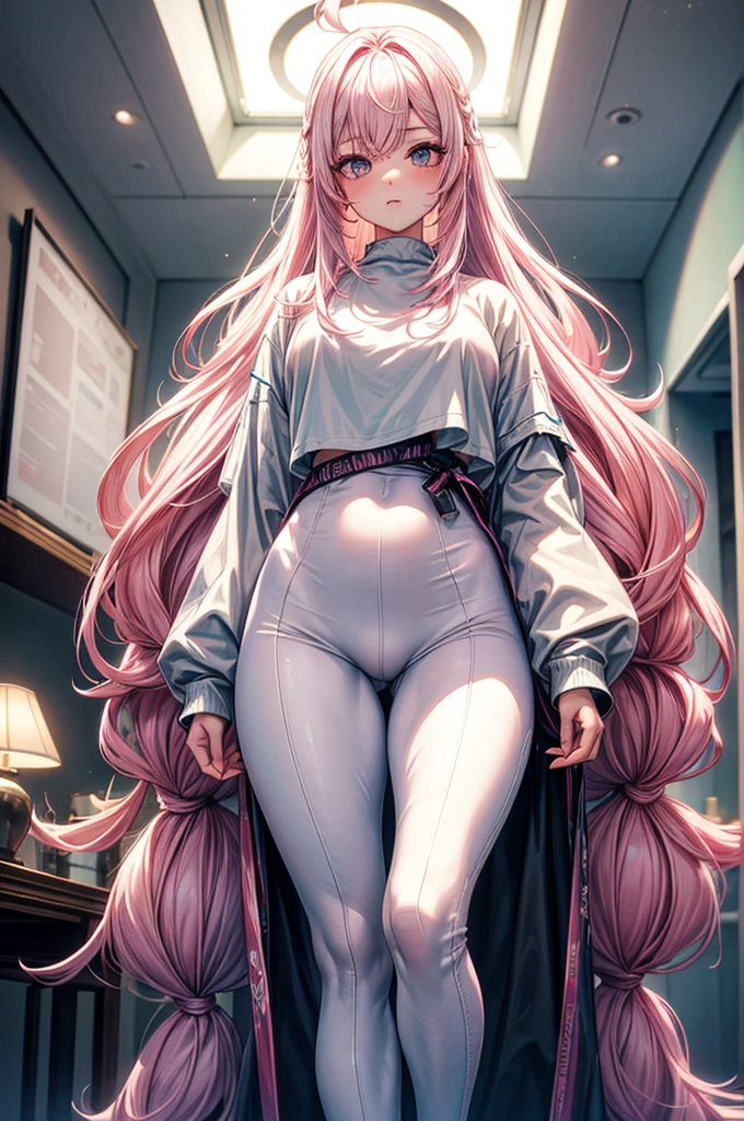 masterpiece, highly detailed, (1girl), white-pink hair, pastel colors, cozy atmosphere, natural lighting, waist high leggings, oversized T-shirt, 16 year old ager, soft facial features, short height(150cm), hip-level shot, long slender legs, big , slender yet curvy body