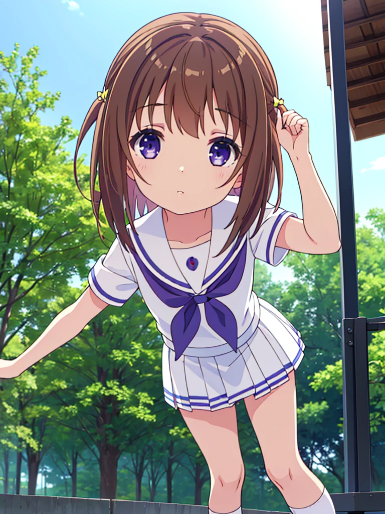 (High quality), (masterpiece), (very detailed), girl, (very small bust), short brown hair, purple eyes, shy face, (primary school loli), showing her thighs, on the school yard, sunny, camera angle from below, adorable eyes, (primar school uniform) NSFW 