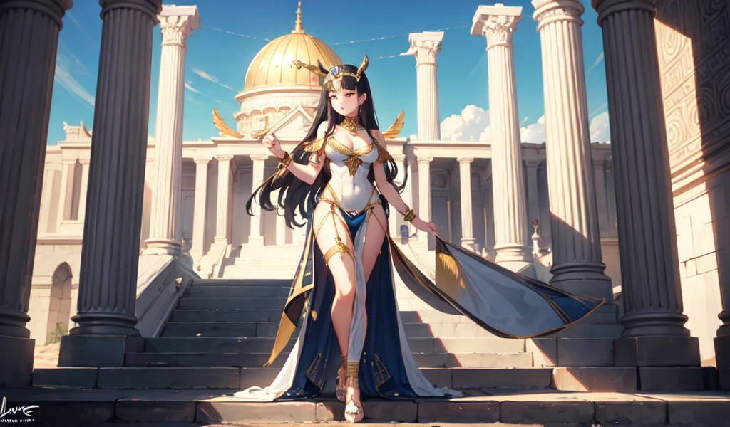 ((Highest quality)), ((masterpiece)), (detailed), Beautiful Cleopatra, Very sexy,celtic costume,Big temple,desert,Attractive pose