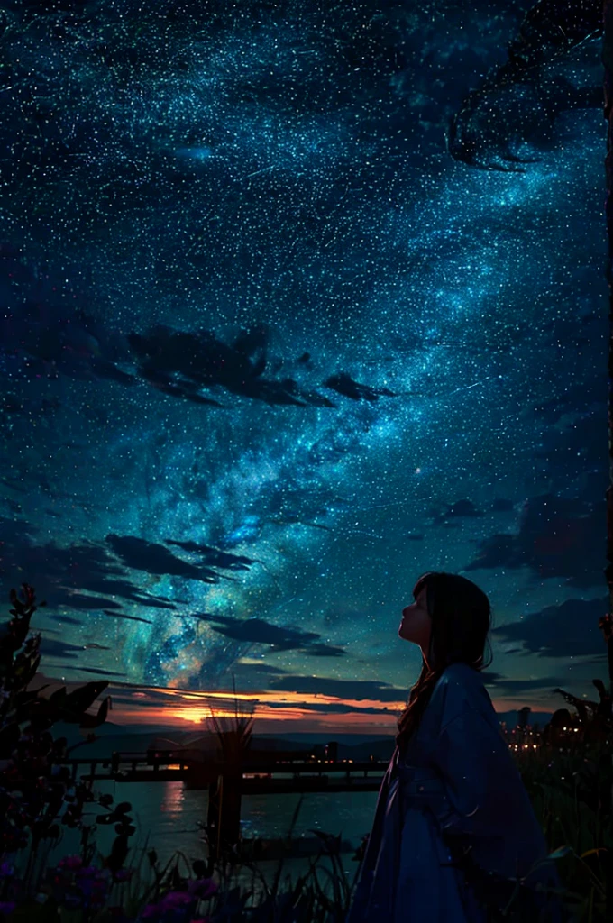 A starry sky,Meteors,8k,Beautiful night sky,Girl looking up at the sky,Long Shot,Wide Shot