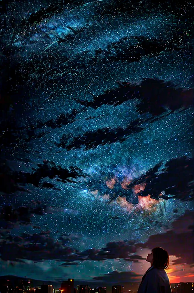 A starry sky,Meteors,8k,Beautiful night sky,Girl looking up at the sky,Long Shot,Wide Shot