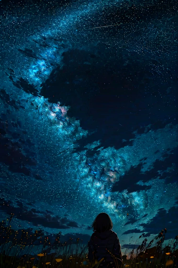 A starry sky,Meteors,8k,Beautiful night sky,Girl looking up at the sky,Long Shot,Wide Shot