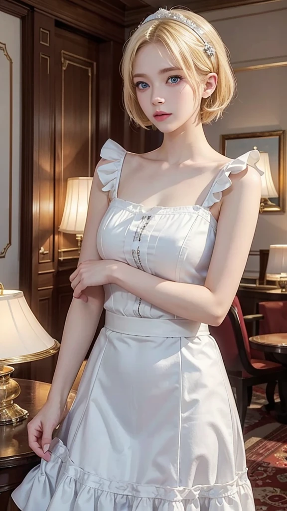 １People Girls,8K, RAW Photos, Highest quality, masterpiece,Realistic, photo-Realistic,Night view,High floors,Hotel,indoor,whole body,close,Blonde,short hair,Blue Eyes,Maid clothes,cute