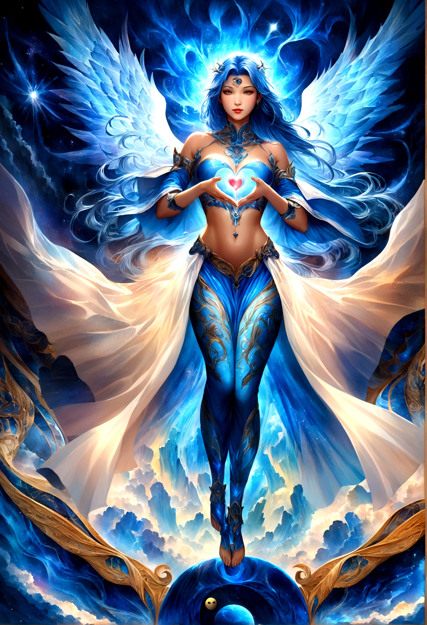 Blue two angels in the sky with a heart in their hands, some cosmic angels, beautiful gemini good and evil, twin souls, in the astral plane ) ) ), symmetrical epic fantasy art, infinite angelic wings, spiritual imagination of duality, ethereal aurora spirits, dan mumford and alex grey style, fractal thunder dan mumford, beautiful gemini twins alchemy, thunder God fantastic, detailed, wide, wallpaper 4k, wallpaper 4, realistic, Zen, dharmachakra, yin yang in middle love