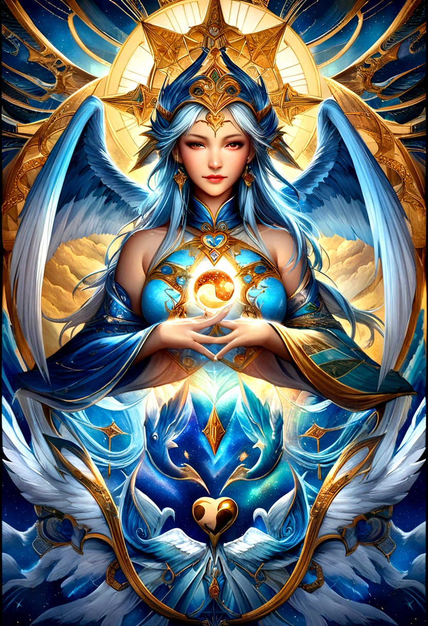 Blue two angels in the sky with a heart in their hands, some cosmic angels, beautiful gemini good and evil, twin souls, in the astral plane ) ) ), symmetrical epic fantasy art, infinite angelic wings, spiritual imagination of duality, ethereal aurora spirits, dan mumford and alex grey style, fractal thunder dan mumford, beautiful gemini twins alchemy, thunder God fantastic, detailed, wide, wallpaper 4k, wallpaper 4, realistic, Zen, dharmachakra, yin yang in middle love
