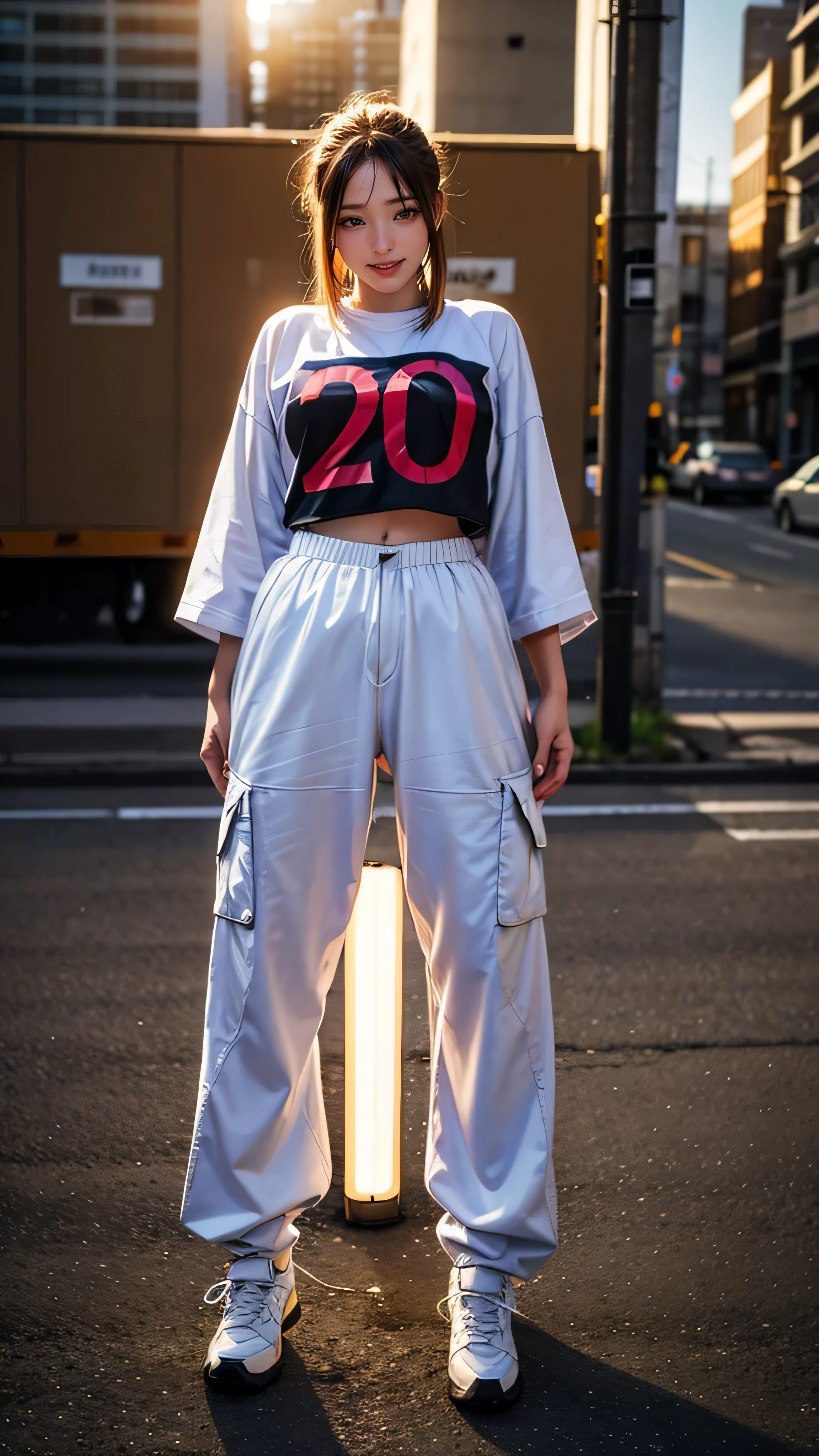 { 1 girl }, { (masterpiece:1.4), (absurd resolution:1.4), (best quality:1.4), (photo realistic:1.4), (Luminous lighting:1.3), (Chiaroscuro:0) }, { ((young, cute, beautiful, 20 years old)), (makeups),((blushed)),(smiling),(weeping:0),(eyes rolled up:0),(scared:0),(panting:0),(aroused:0), (shiny skin:0),(((slender body))), (beautiful big breasts:0), (perky nipples:0), ((big pelvis)) }, { loose hip-hop fashion, ((oversize)) soccer shirts, (((loose oversize cargo))) hip-hop pants, running shoes, ((full shot)) }