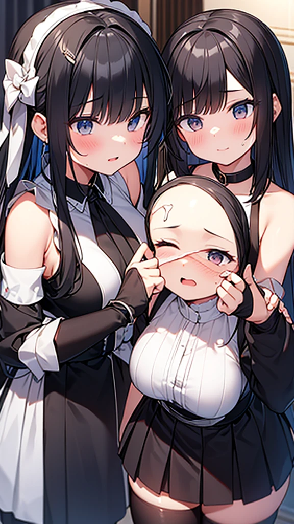 ((masterpiece)), (Highest quality、32k), (Simple style), (Faceless,Face peeling), 2 Girls, A maid who uses her face-peeling ability to peel the skin off of a young lady and transplant it onto herself, and a young lady whose face has been peeled off by a maid, Big Breasts, Big Swing Chest, Wearing a face stolen from someone else, Sexy body, Sleeveless, No sleeve, Off the shoulder, Black Dress, Pleated lace, Lace dress, black knee socks. Standing, whole body, both hands touch the face, Luxurious Room, {{A young lady who used her face-peeling ability to peel off the face of a young lady, leaving her face blank, and a maid who transplanted the peeled face onto her own face.}}, Browsing Caution