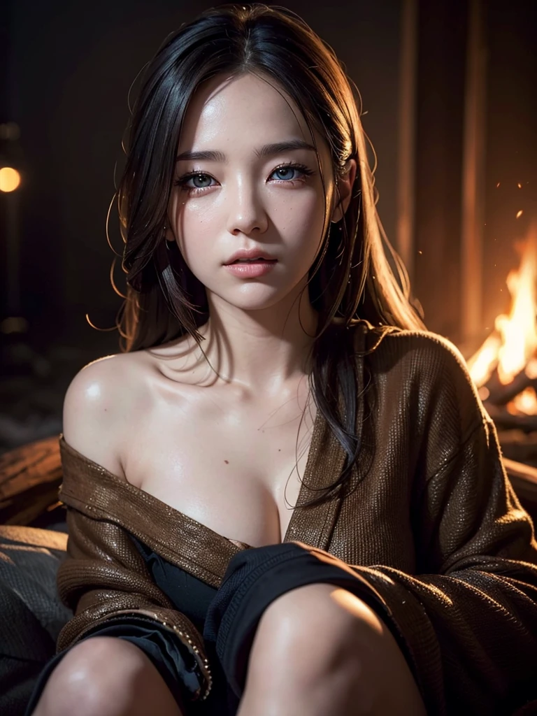 a woman with severe injuries sitting near a campfire in a destroyed snowy cityscape, beautiful detailed eyes, beautiful detailed lips, extremely detailed eyes and face, long eyelashes, beautiful female portrait, trending on artstation, 8k, best quality, ultra-detailed, realistic, photorealistic, HDR, UHD, studio lighting, ultra-fine painting, sharp focus, physically-based rendering, extreme detail description, professional, vivid colors, bokeh, cinematic lighting, dramatic, moody, dark, somber、涙を流している