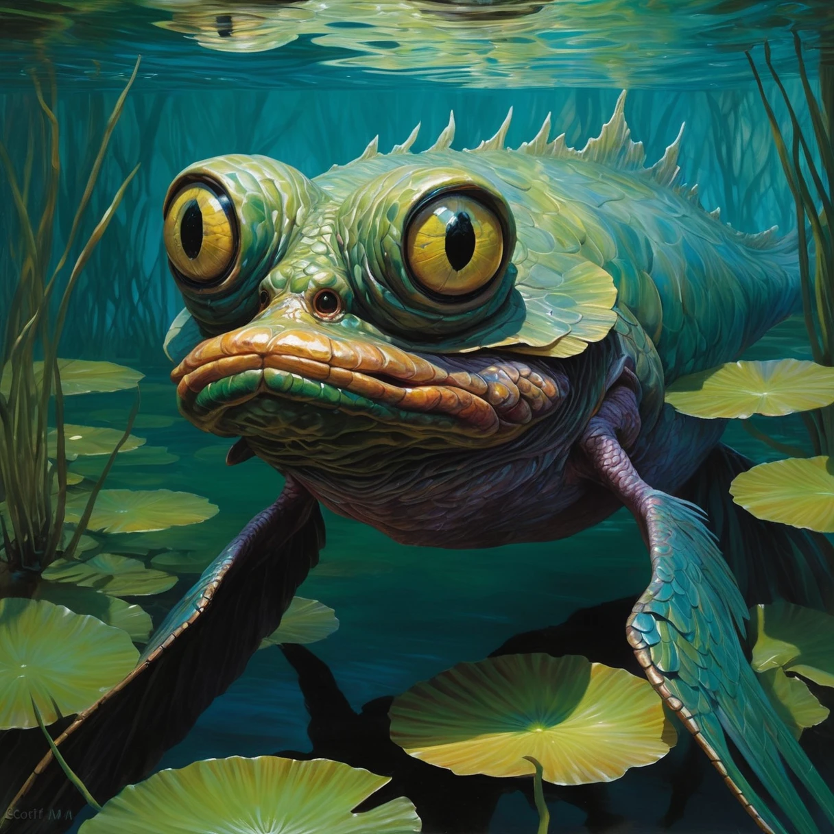 by Scott M. Fisherman, detailed expressive eyes, Fantasy Style, The painting depicts a shadowy Grundelg, A mysterious creature whose supernatural powers emanate from its flapping wings, it likes to lay in ambush within the tranquil ponds of the lush fluity oases that dot the colorful hizzled deserts of the accursed (Because it's paradise) Planet Brefram Alpha, Get away from the Vogons, This planet is truly amazing, Dark fantasy, colorful, masterpiece, Highest quality, Professional artwork