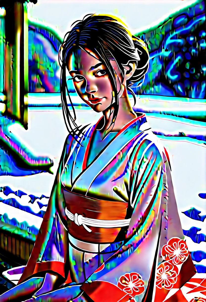 score_9, score_8_up, score_7_up, 1girl, solo, looking at viewer, short hair, black eyes, beautiful detailed eyes,black hair, nape, collarbone, long sleeves, sitting, closed mouth, small breasts, outdoors, japanese clothes, wide sleeves, kimono, water, sash, obi, floral print, snow, snowing, white kimono, print kimono, break,(clear line illustration:1.2), super detailed skin,very high resolution, very aesthetic, Best sexual lighting powered by famous artist, 8k,cute picture,beauty illustration,photoshop_(medium),,(Detailed Lighting),uncensored,