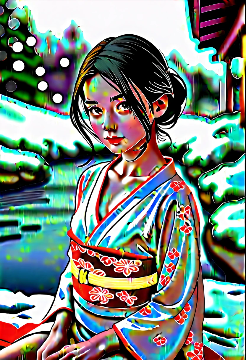 score_9, score_8_up, score_7_up, 1girl, solo, looking at viewer, short hair, black eyes, beautiful detailed eyes,black hair, nape, collarbone, long sleeves, sitting, closed mouth, small breasts, outdoors, japanese clothes, wide sleeves, kimono, water, sash, obi, floral print, snow, snowing, white kimono, print kimono, break,(clear line illustration:1.2), super detailed skin,very high resolution, very aesthetic, Best sexual lighting powered by famous artist, 8k,cute picture,beauty illustration,photoshop_(medium),,(Detailed Lighting),uncensored,