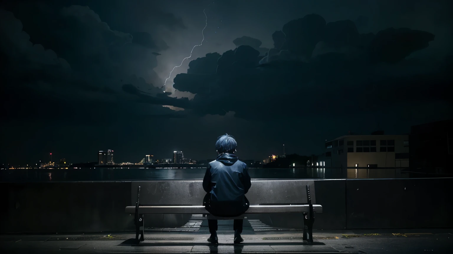 Create an anime-style album cover for the song 'Sad Boy'. The image should show a lonely young boy sitting on a park bench at night, with light rain falling and a cloudy sky. The character's expression should be sad and pensive. In the background, add a shooting star to symbolize hope. Use a dark color palette with shades of blue and grey. Include the song title 'Sad Boy' and the name of the artist."