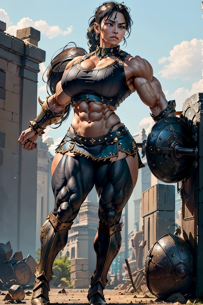 (Best lighting) , (Very intricate details) , 4K Integration, (Super fine CG: 1.2) , (8K: 1.2),(original), (masterpiece) , (Highest quality),(masterpiece:1.4),((Full images))、Photo quality,(masterpiece),masterpiece, Highest quality, Absurd,((Masterpiece, 4K, 8K, High resolution)),(masterpiece), (Highest quality), (Super detailed), (Very delicate and beautiful), ((Full body image 1:1.5)), 1 female, The face of a 40-year-old Western woman、A beautiful, well-balanced face、 ((A woman with a muscular body like a male bodybuilder)),((Huge muscular physique))、((A 200cm tall woman))、((Beautiful woman)),((Woman warrior)),45 year old mature woman, Wearing Valkyrie Metal Armor、 (Sleeveless Armor)、((Metal armor that resembles a thick chest and abdominal muscles))、((Metal armor covering the upper body))、mini skirt、Valkyrie's Helmet、Very strong legs、((Long boots with pin heels))、((kneehigh 、Medieval streetscape,Strength and elegance,Solemn atmosphere,((The Queen's Appearance))、((The Strongest Queen of Mankind))、(Huge muscular physique),((Protruding veins))、((A woman with a toned chest like a male bodybuilder))、Raised trapezius muscle、very thick neck、((Strong arms with bulging biceps))、A muscular chest、Six-pack、((Thick thighs with bulging muscles))、Exposed thighs、((Bicep-like calf muscles))、Overflowing with incredible strength、Muscles bulging out from under the force of force all over the body、Black Hair、ponytail、A commanding presence,Poses that show off their monstrous power,Model standing、Standing with dignity、Vibrant colors,Down to the smallest thread,Impressive level textures,Sharp focus,Rich and realistic backgrounds,Magnificence and grandeur,((A strong Valkyrie captain)),((A powerful Valkyrie captain)),