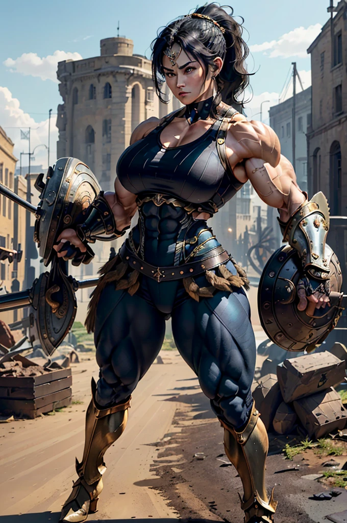 (Best lighting) , (Very intricate details) , 4K Integration, (Super fine CG: 1.2) , (8K: 1.2),(original), (masterpiece) , (Highest quality),(masterpiece:1.4),((Full images))、Photo quality,(masterpiece),masterpiece, Highest quality, Absurd,((Masterpiece, 4K, 8K, High resolution)),(masterpiece), (Highest quality), (Super detailed), (Very delicate and beautiful), ((Full body image 1:1.5)), 1 female, The face of a 40-year-old Western woman、A beautiful, well-balanced face、 ((A woman with a muscular body like a male bodybuilder)),((Huge muscular physique))、((A 200cm tall woman))、((Beautiful woman)),((Woman warrior)),45 year old mature woman, Wearing Valkyrie Metal Armor、 (Sleeveless Armor)、((Metal armor that resembles a thick chest and abdominal muscles))、((Metal armor covering the upper body))、mini skirt、Valkyrie's Helmet、Very strong legs、((Long boots with pin heels))、((kneehigh 、Medieval streetscape,Strength and elegance,Solemn atmosphere,((The Queen's Appearance))、((The Strongest Queen of Mankind))、(Huge muscular physique),((Protruding veins))、((A woman with a toned chest like a male bodybuilder))、Raised trapezius muscle、very thick neck、((Strong arms with bulging biceps))、A muscular chest、Six-pack、((Thick thighs with bulging muscles))、Exposed thighs、((Bicep-like calf muscles))、Overflowing with incredible strength、Muscles bulging out from under the force of force all over the body、Black Hair、ponytail、A commanding presence,Poses that show off their monstrous power,Model standing、Standing with dignity、Vibrant colors,Down to the smallest thread,Impressive level textures,Sharp focus,Rich and realistic backgrounds,Magnificence and grandeur,((A strong Valkyrie captain)),((A powerful Valkyrie captain)),