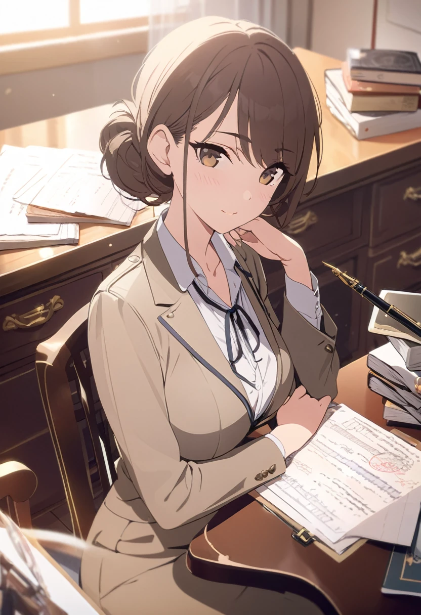 masterpiece,best quality,depth of field,8K,looking at the viewer,brown hair,brown eyes,holding a fountain pen,sitting on a chair,The desk is full of documents,female