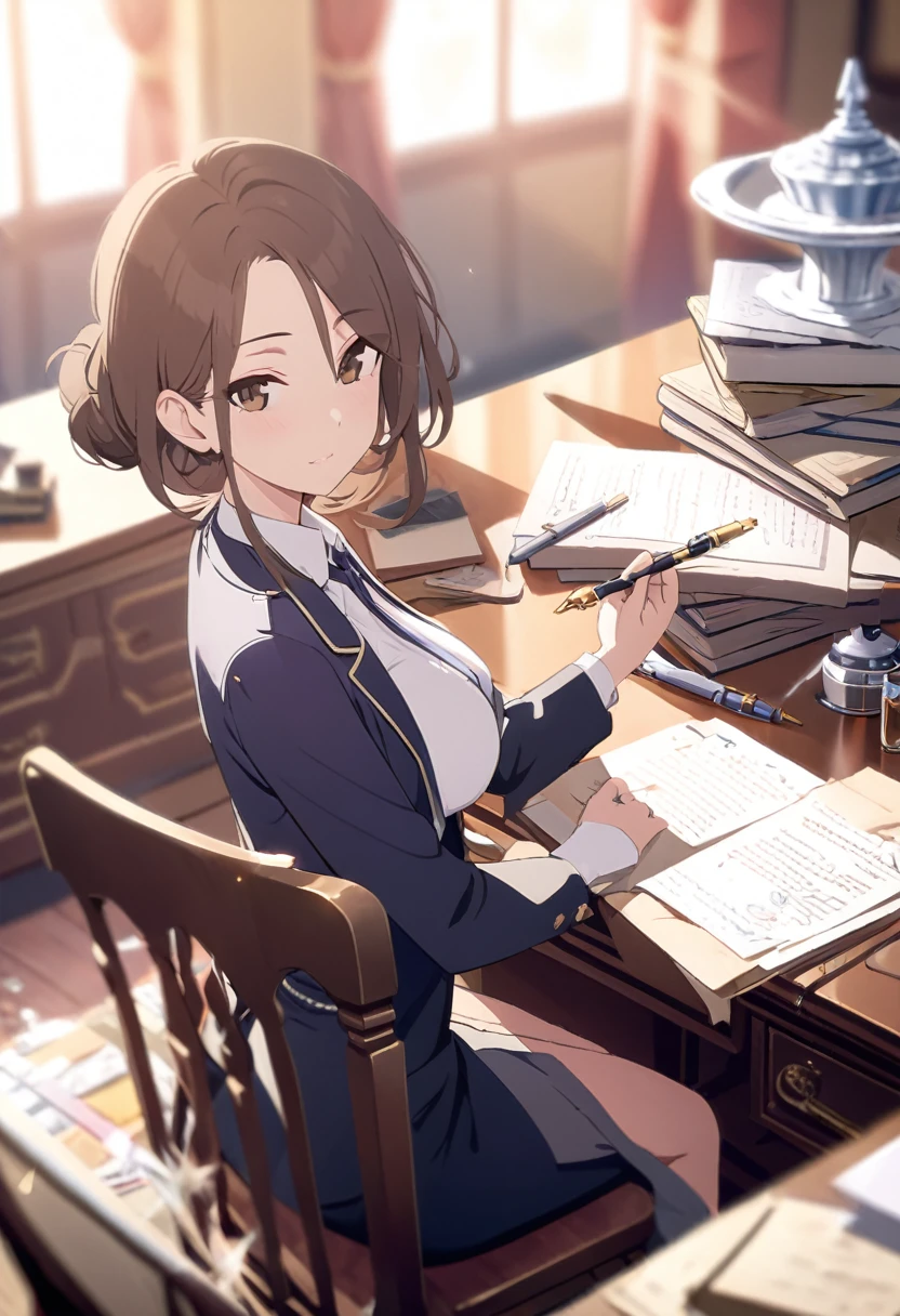 masterpiece,best quality,depth of field,8K,looking at the viewer,brown hair,brown eyes,holding a fountain pen,sitting on a chair,The desk is full of documents,female