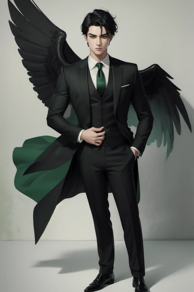 ((Highest quality)), ((masterpiece)), (detailed), whole body,standing,simple background,green eyes,black hair,black suit,green necktie,boy