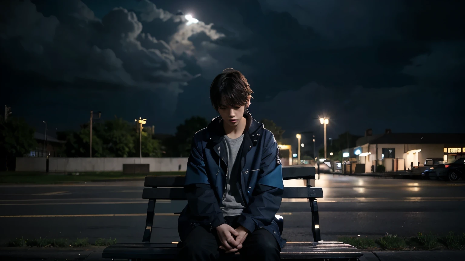 Create an anime-style album cover for the song 'Sad Boy'. The image should show a lonely young boy sitting on a park bench at night, with light rain falling and a cloudy sky. The character's expression should be sad and pensive. In the background, add a shooting star to symbolize hope. Use a dark color palette with shades of blue and grey. Include the song title 'Sad Boy' and the name of the artist."