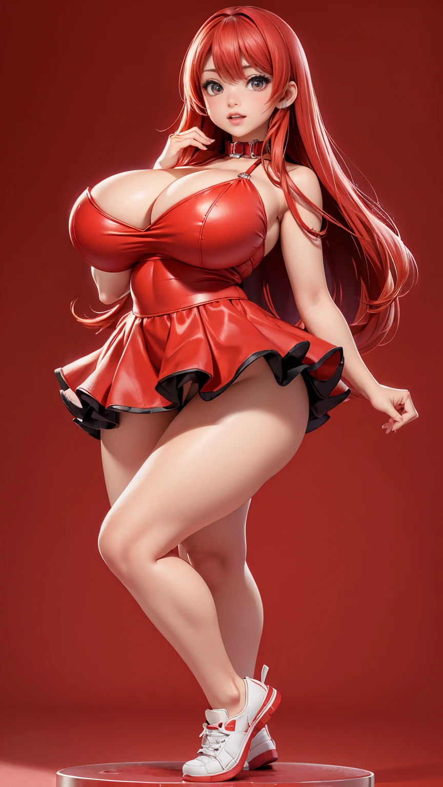 (full_body)、Woman、red_background、(big_breasts:1.5)、Detailed、POP、vivid、pose:1.2、mini_skirt、Open chest