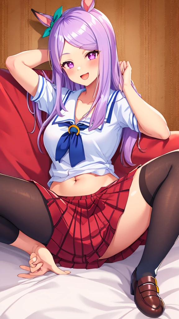 {{{NSFW}}},(masterpiece:1.2),(ultra quality:1.2),(ultra detailed:1.2),(ultra-high resolution:1.2),(very fine 8K CG wallpaper:1.2),Mejiro McQueen\(umamusume\),{1 girl,beautiful girl,cute,smile,kawaii, lovely,blushing,playful expression},sharp focus,oily skin,beautiful detailed hair,glossy hair,(wear school uniform:1.5),(lying on the bed:1.2),wear long school skirt,perfect two legs,(spread two legs:1.2),(show-off-white-panties:1.3),five fingers,large breaths,wear black pantyhose,beautiful detailed eyes,jewel like eyes,violet eyes, (two hands behind head:1.1),open mouth,armpits, solo,beautiful navel,  looking at viewer,collarbone,earring