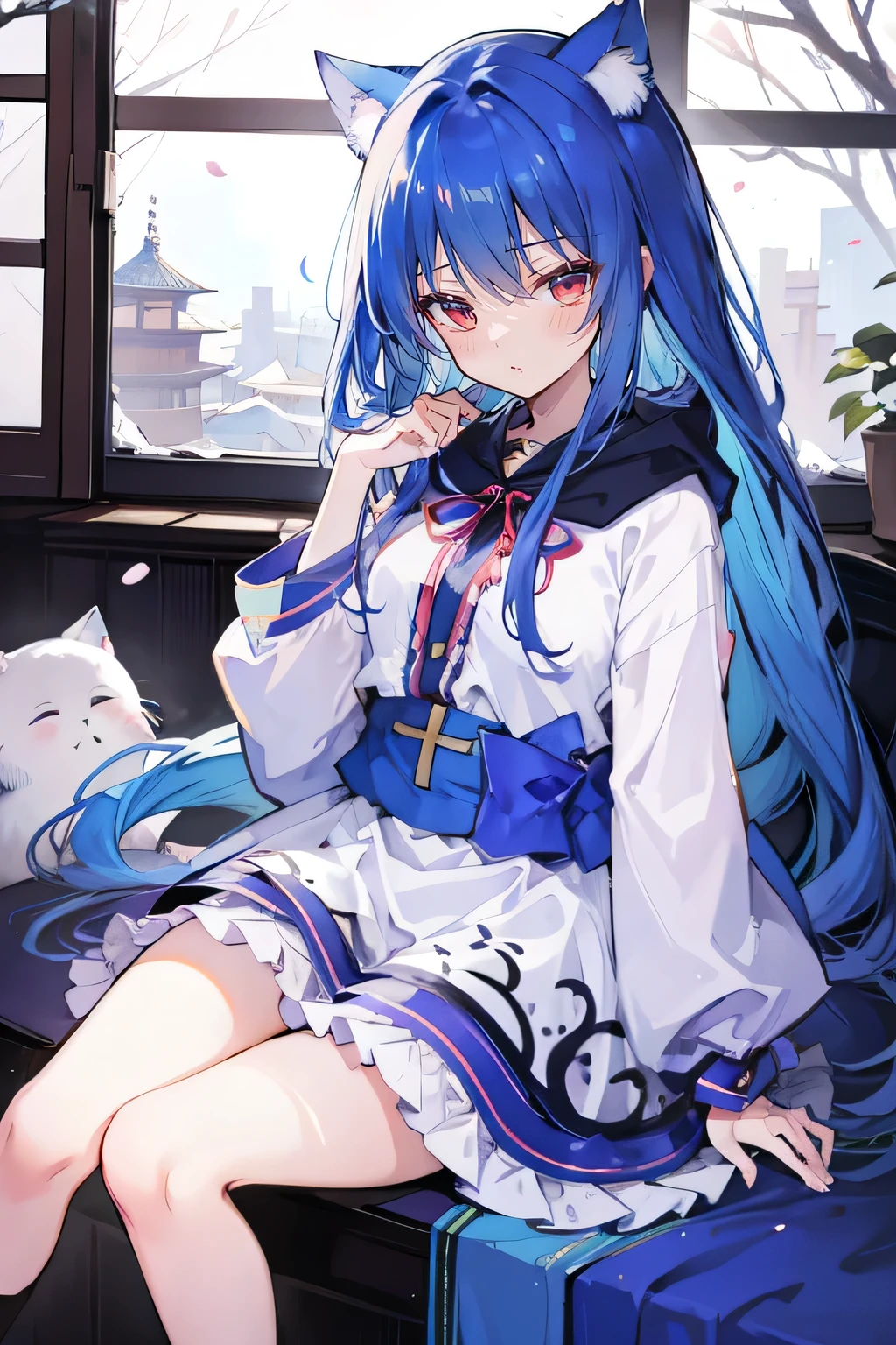 （masterpiece：1.2），Super detailed，lifelike，Expressive eyes，fair skin，perfect face shape，1 girl，
Japanese comics,Gorgeous blue hair,flowing blue hair,flowing clothes,Cat ears,Petals fall,beautiful lola,Baby Angel,
Shaking head with one hand，Cross your legs，Gentle and peaceful background，The pavilion is cool and comfortable,smile, wearing hoodie, In front of the window,snowing