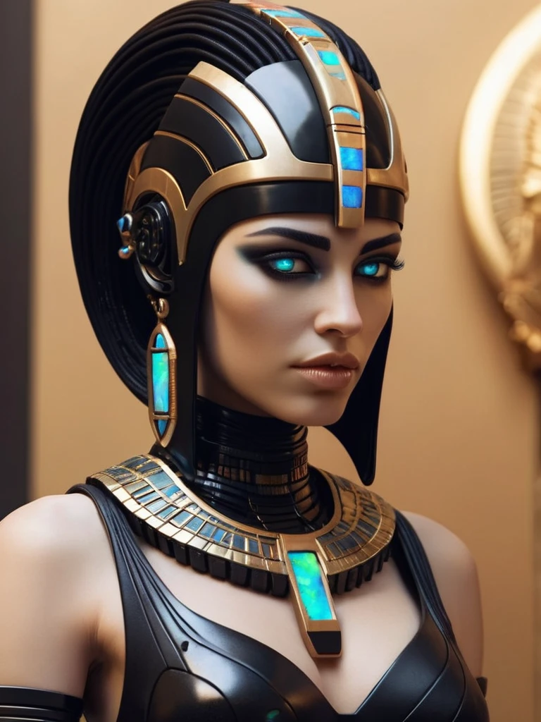 ral-opal, meahophontron, whole body, Woman robot face, futuristic cyberpunk, bust, cleopatra of egypt theme, Egypt background, demonic environment, black clothes
