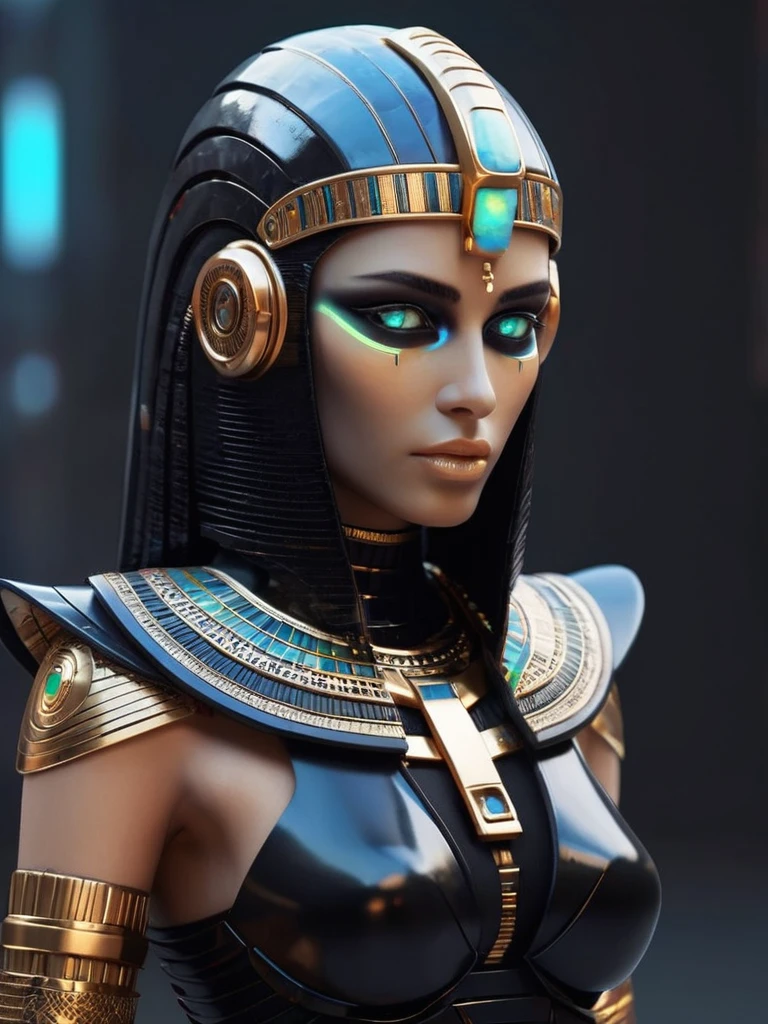 ral-opal, meahophontron, whole body, Woman robot face, futuristic cyberpunk, bust, cleopatra of egypt theme, Egypt background, demonic environment, black clothes