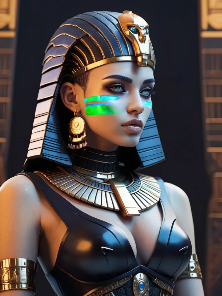 ral-opal, meahophontron, whole body, Woman robot face, futuristic cyberpunk, bust, cleopatra of egypt theme, Egypt background, demonic environment, black clothes