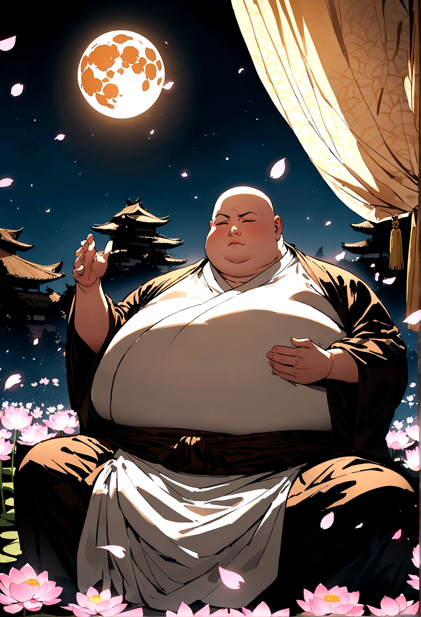A slightly overweight monk is meditating, Cherry blossom garden at night, Full moon and lotus, close your eyes、The Buddha is watching、One Punch Man、Round sunglasses、Real、4K