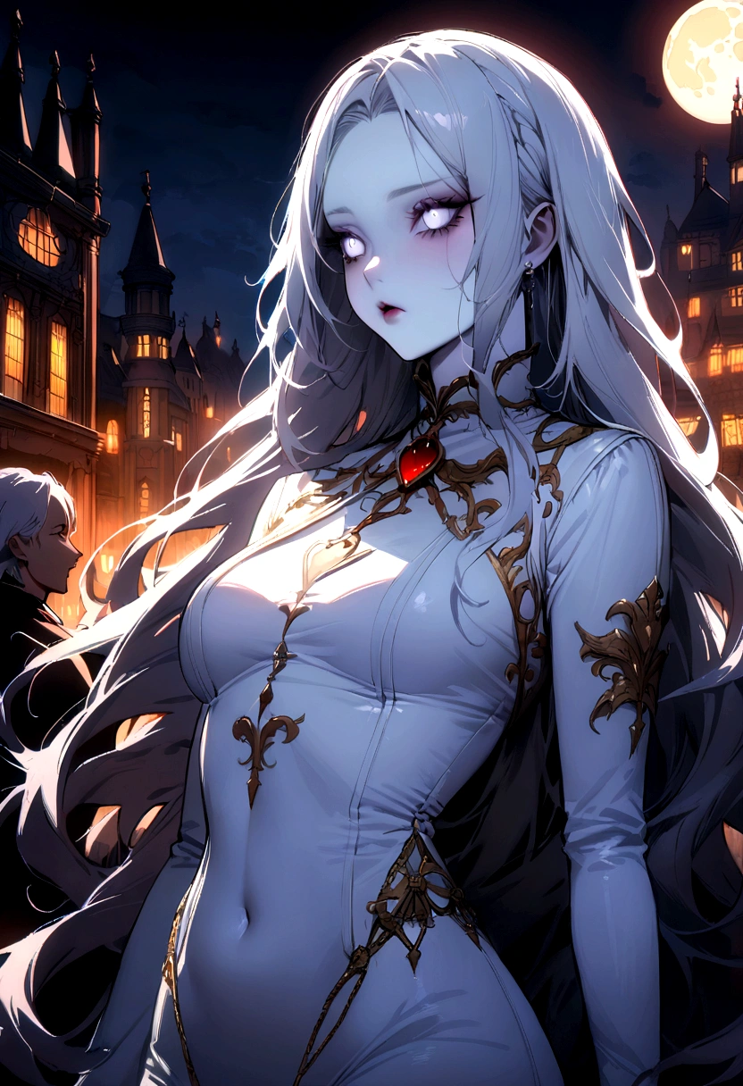 masterpiece, highest quality, (solo focus), (perfect face:1.1), (high detail:1.1),dramatic, 1guy, (pale skin), long white hair, white eyes, solo, long hair, moon, night, white luxury suit, vampire, covered navel, pouty lips, covered, victorian city, detailed background, gothic renaissance, cinematic lighting,