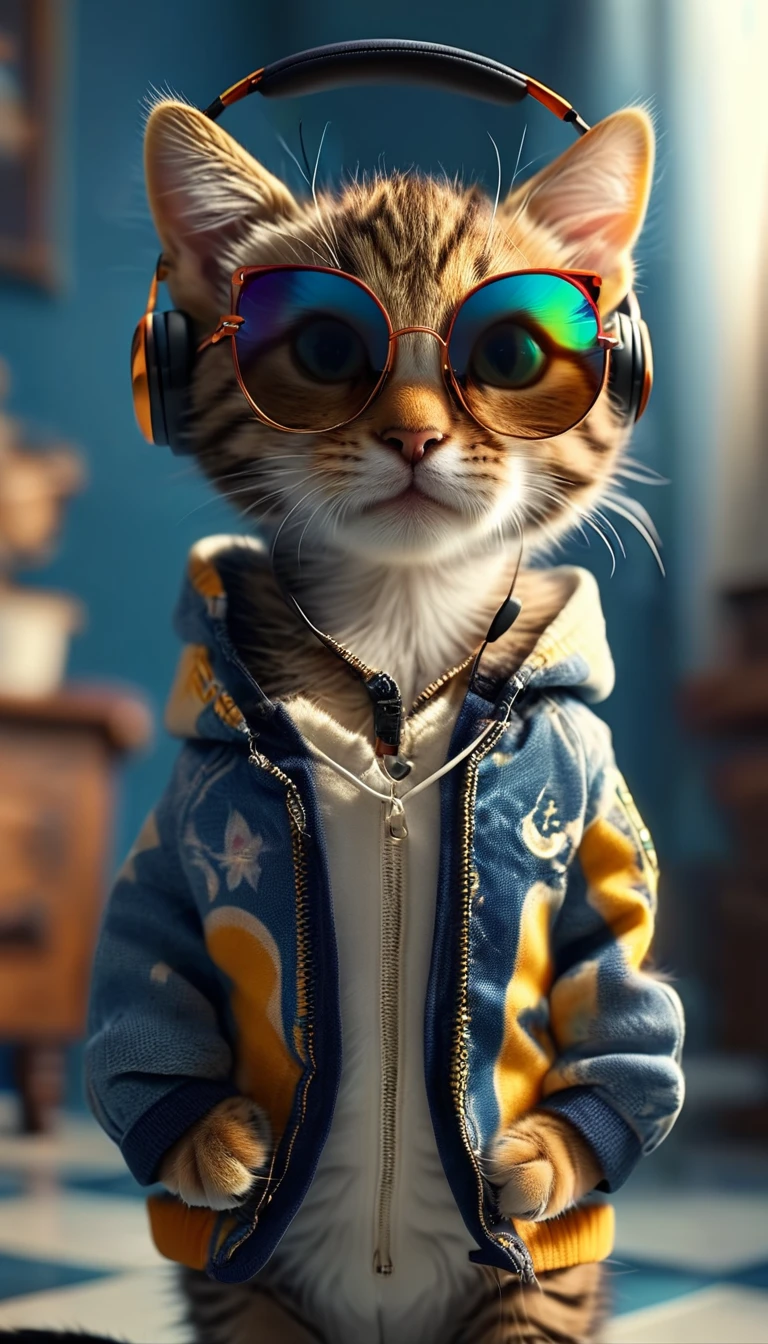 Perfect centering, cute little cat, Wear a jacket, Wearing sunglasses, Wearing headphones, cheerfulness, Standing position, Abstract beauty, Centered, Looking at the camera, Facing the camera, nearing perfection, Dynamic, Highly detailed, smooth, Sharp focus, 8K