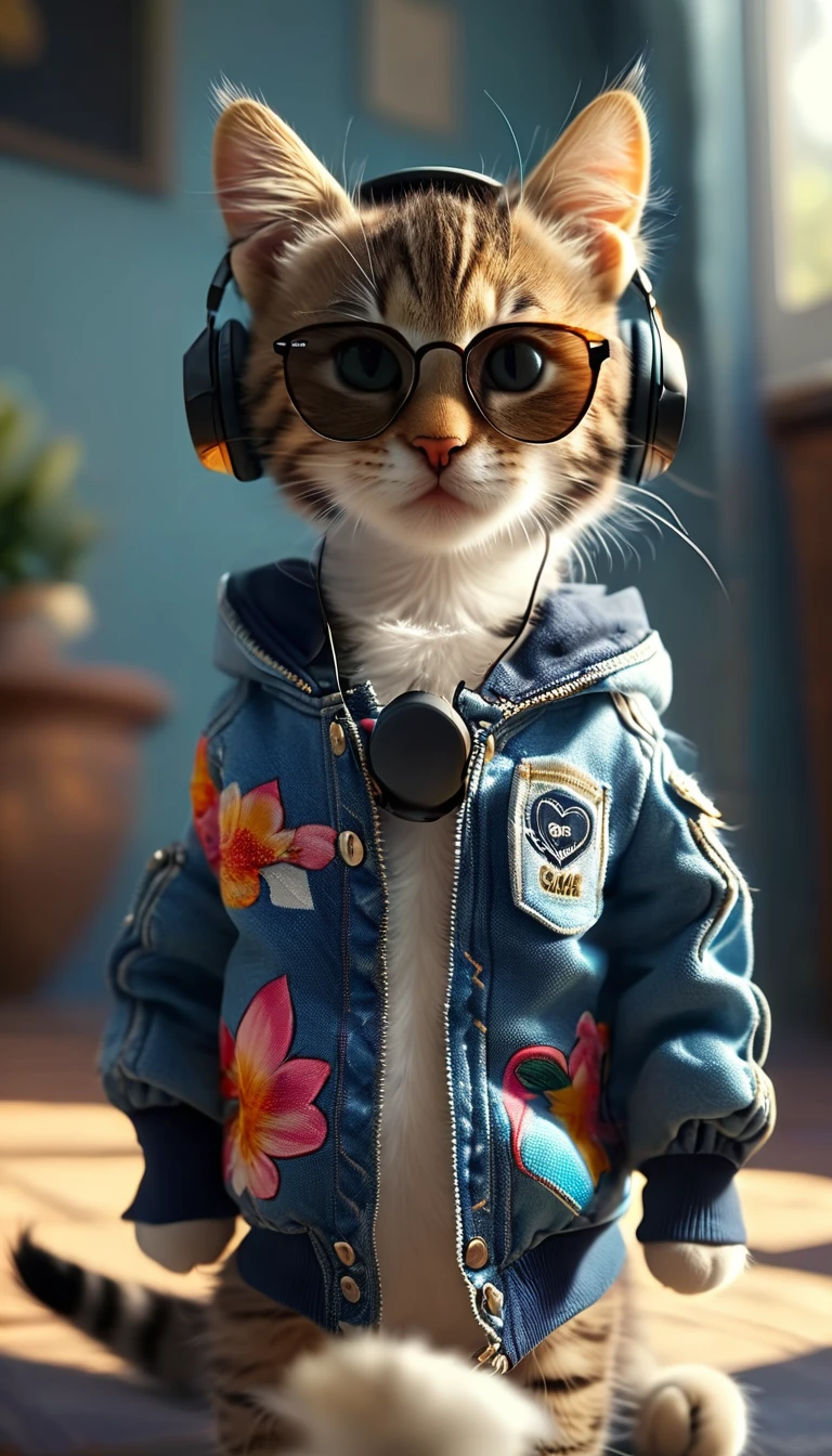 Perfect centering, cute little cat, Wear a jacket, Wearing sunglasses, Wearing headphones, cheerfulness, Standing position, Abstract beauty, Centered, Looking at the camera, Facing the camera, nearing perfection, Dynamic, Highly detailed, smooth, Sharp focus, 8K